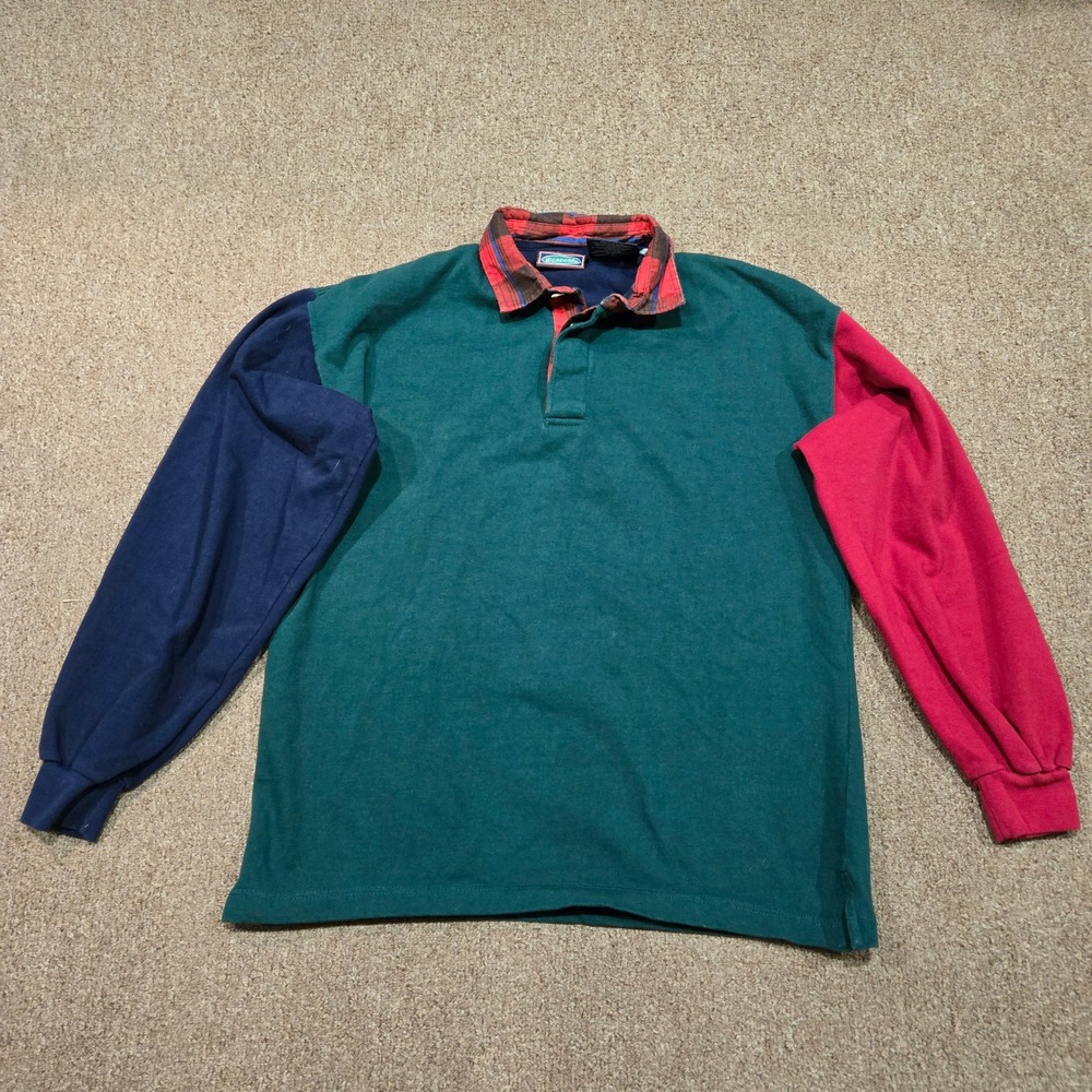 VTG McGregor‎ Rugby Shirt Mens Medium Green Colorblock Plaid Collar Long Sleeve